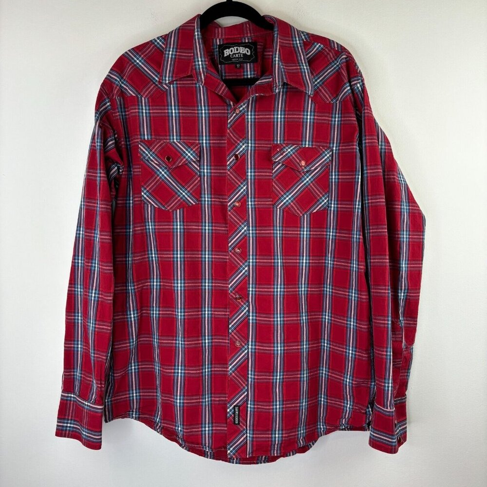 Rodeo Carte Mens Sz XL Pearl Snaps Long Sleeve Button Down Plaid Red Blue